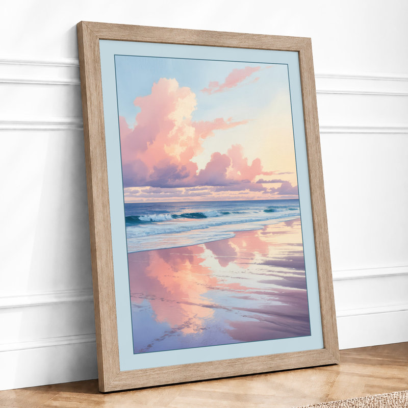 Dawn Beach Reflections Coastal - Framed Print, A4 - 29.7 x 21.0 cm, Oak