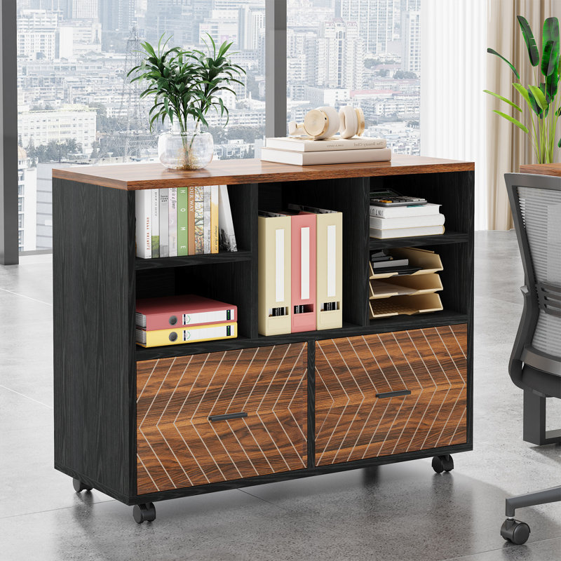 Maidel 39.37'' Wide 2 -Drawer Mobile File Cabinet, Walnut/Black