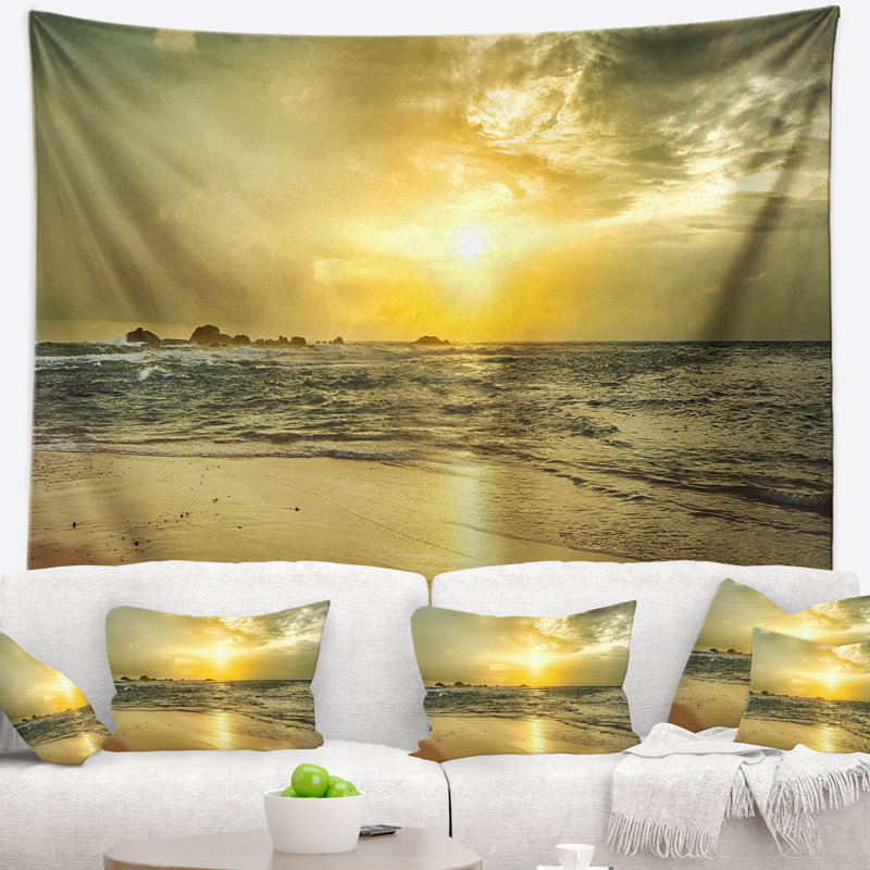 Coucher de soleil doré sur la mer tapisserie de la mer, H 50 po x l 60 po