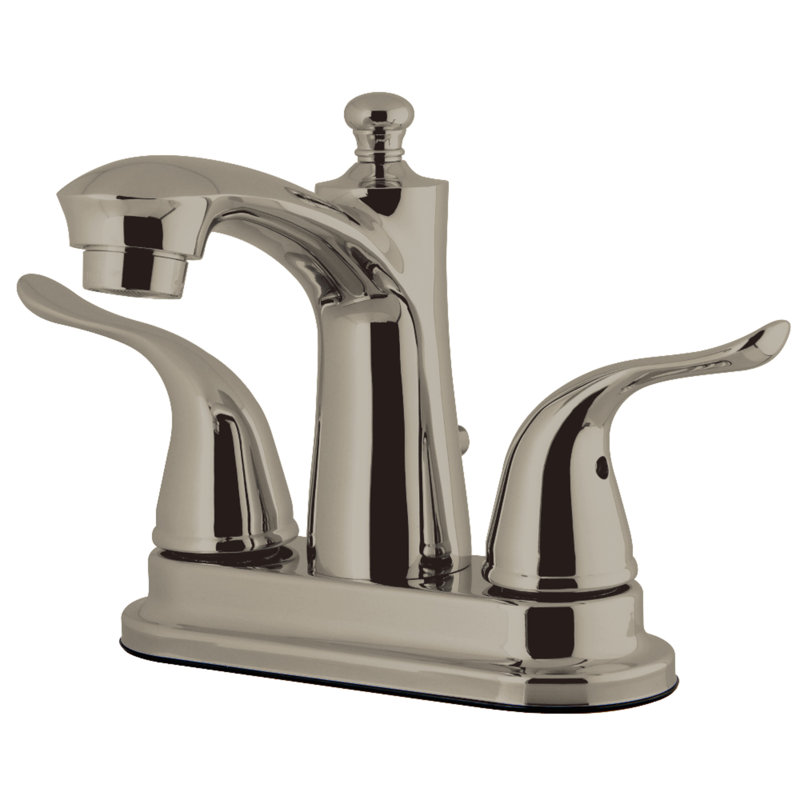 Kingston Brass Yosemite Two-Handle 3-Hole Deck Mount 4" Centerset Bathroom Faucet with Plastic Pop-Up, Brushed Nickel
