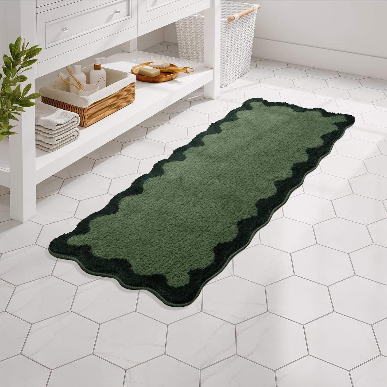 Lark Manor Uphome Bathroom Rug Runner, Green Long Irregular Shaped ...