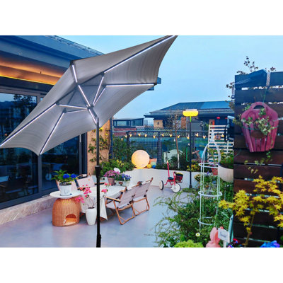 9ft Round Patio Umbrella With Blue Stripes, Solar Led Lights, 6 Steel Ribs, Wind Vent, Crank Operation, Push Button Tilt, 40+ Upf, Weather & Water For Garden Use Striped 1.49'' Pole, System, 45