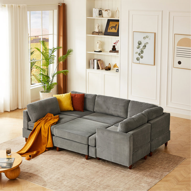 Canapé modulaire moderne, canapé convertible 6 places, Velours côtelé gris