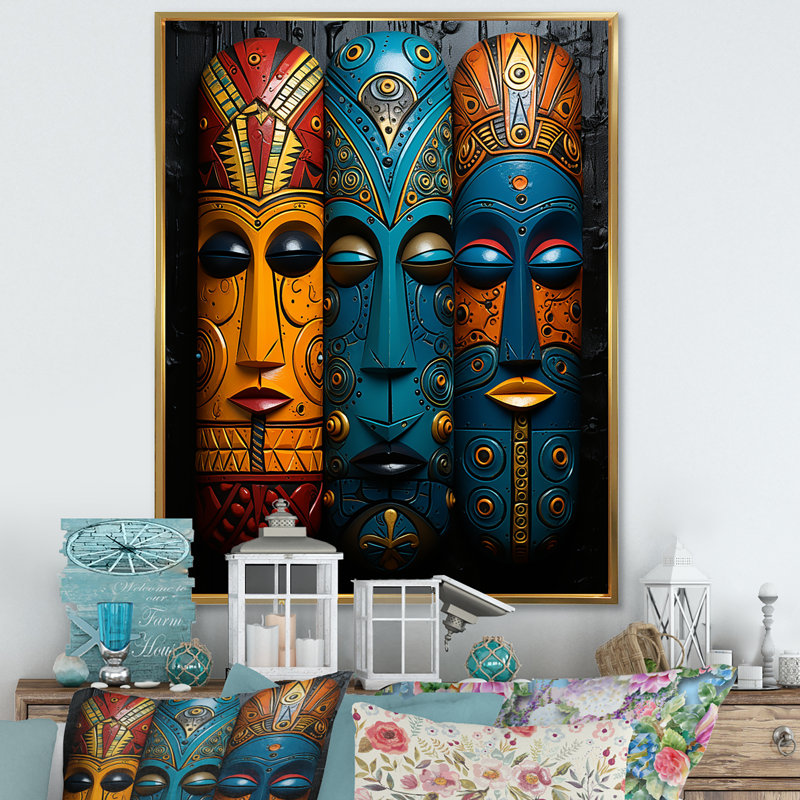 Masques de tribus mystiques d'Afrique I, Cadre flottant doré, H 32 po x l 16 po