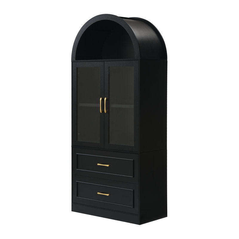 Armoire de cuisine de style champêtre, de 181 cm de hauteur, avec portes vitrées et tiroir., Noir