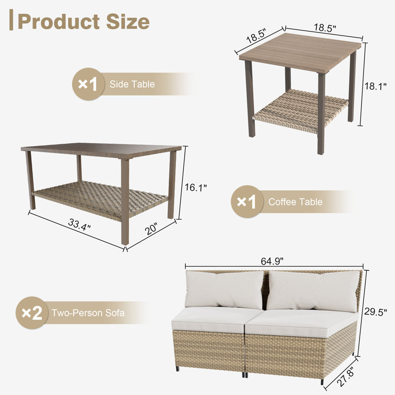 Ensemble de conversation modulaire 4 pièces avec coussins, Beige