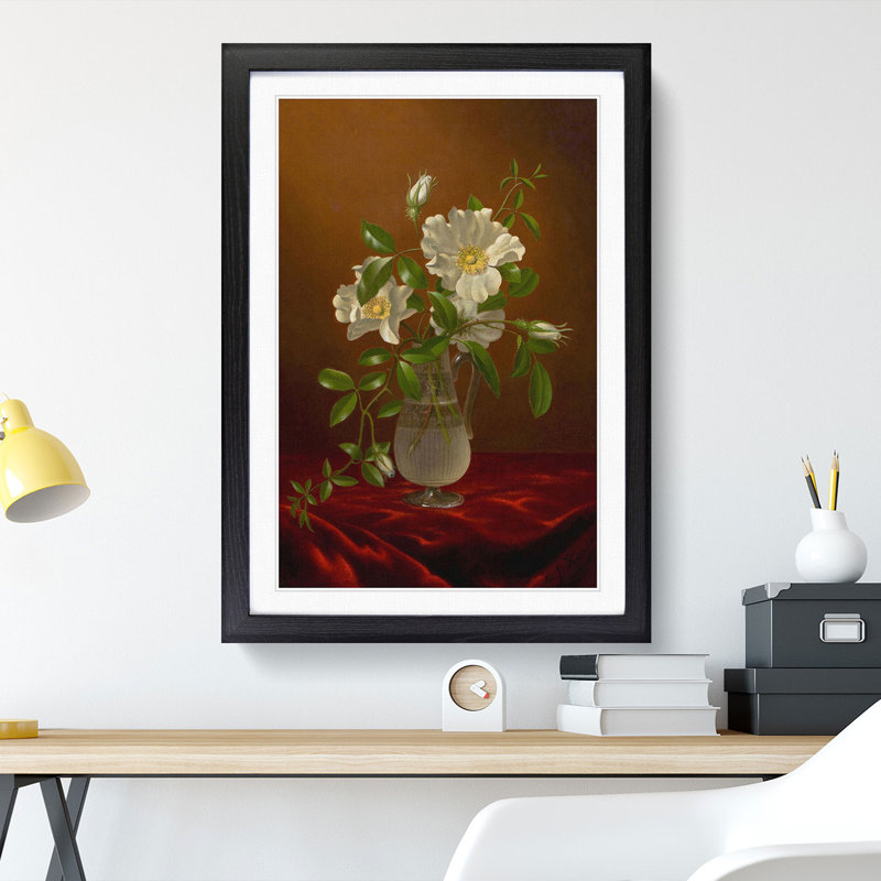 Cherokee Roses in a Vase by Martin Johnson Heade - Picture Frame Painting, Black Framed, 65cm H x 48cm W x 2cm D