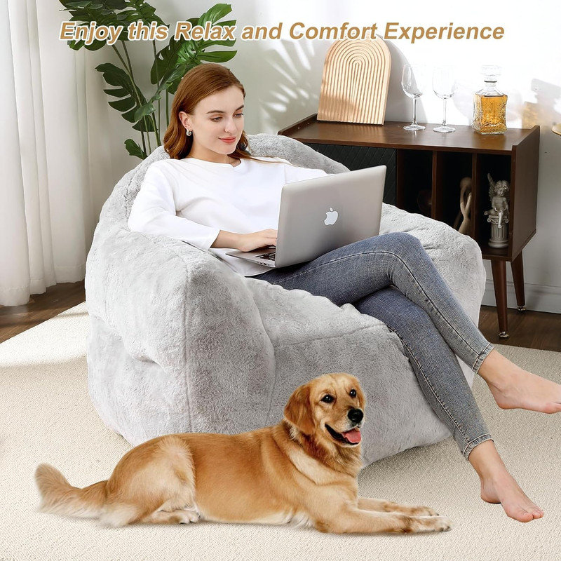 Comfy Bean Bag Chair with Back Support, Plush Floor Sofa for Living Room, Bedroom, Apartment, Light Gray Faux Fur
