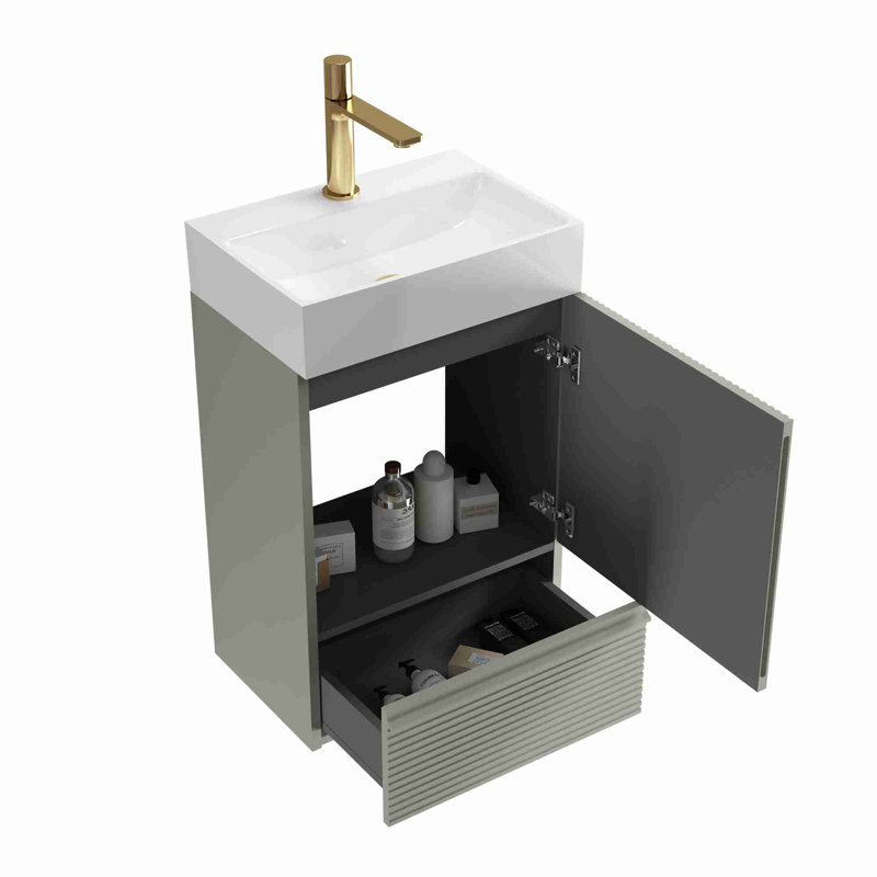 Meuble-lavabo de salle de bain avec rangement, Vert clair, Blanc