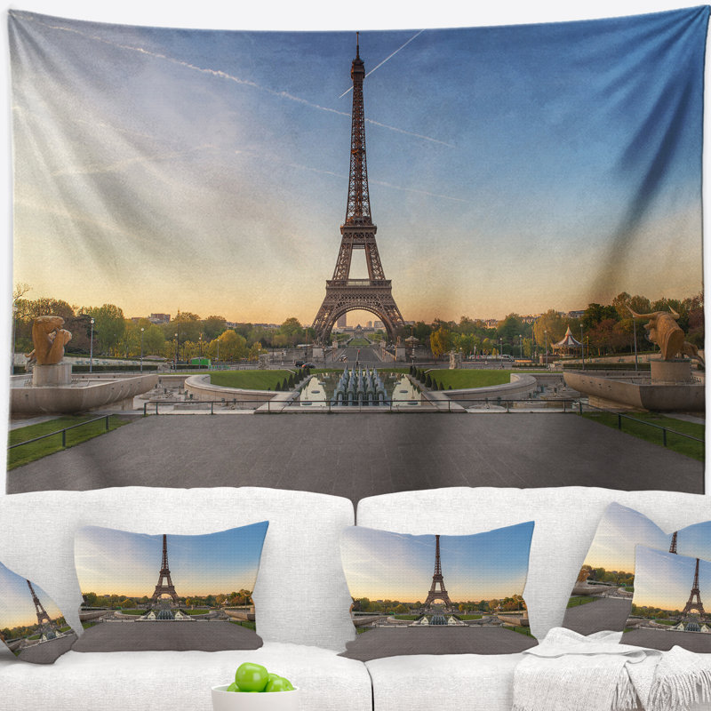 Tapisserie tour à soleil cityscape wide view of eiffel, H 50 po x l 60 po