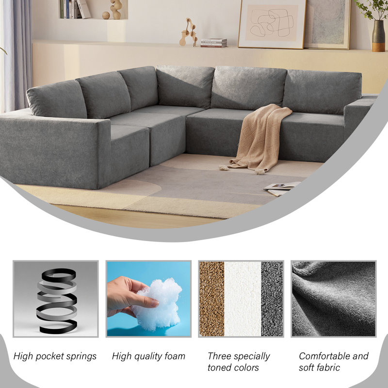 116 In. Square Arm 5-Piece L Shaped Polyester Modular Sectional Sofa In Gray, Gray Fabric