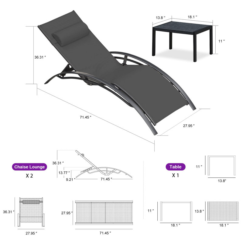 3 pcs Outdoor Chaise Lounge Set Oversized Aluminum Patio Set with Side Table, Black