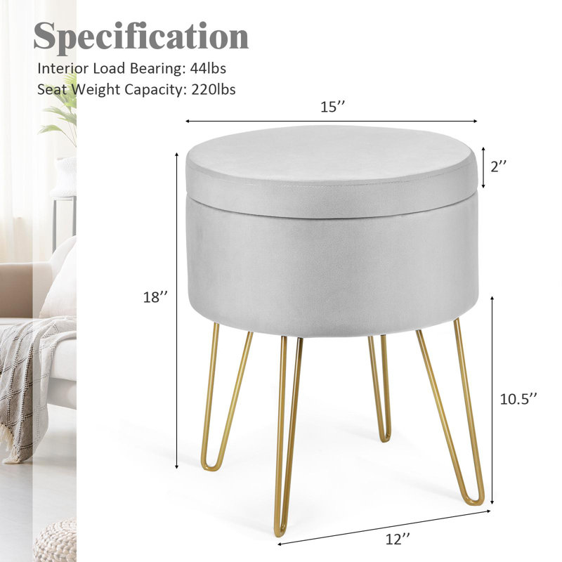 Repose-pieds de rangement rond 15 po Celecia, Velours gris