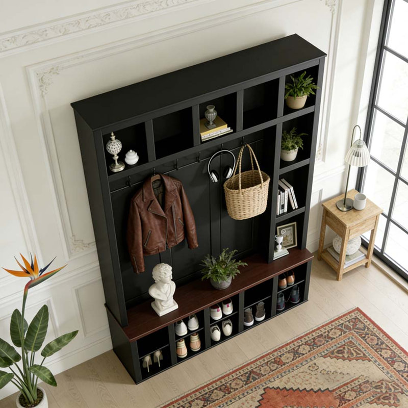 Hall Tree with 6 Hooks, Practical Walnut Storage Bench with Adjustable Shelves, Black/Walnut