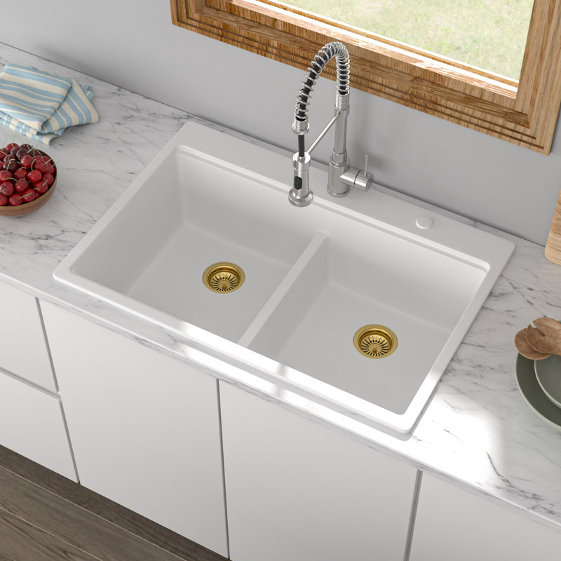 33 Inch Drop-In Granite Composite Kitchen Sink Workstation 50/50 Double Bowl Quartz Kitchen Sink