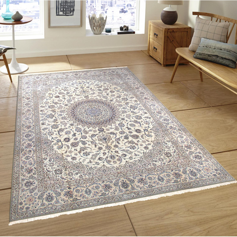 Tapis unique en laine noué à la main de style traditionnel ivoire / gris clair / bleu 8 pi 8 po x 12 pi 1 po Nain