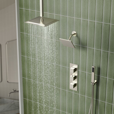 Ceiling-Mounted Thermostatic Dual Showerheads System, 12" High-Pressure Rainfall Shower Faucet with Handheld Spray