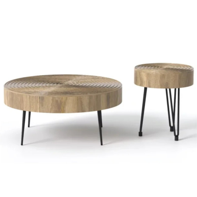 Ensemble de tables de bout et de cocktail en bois d'acacia avec pieds en métal noir Stella - 2 pièces