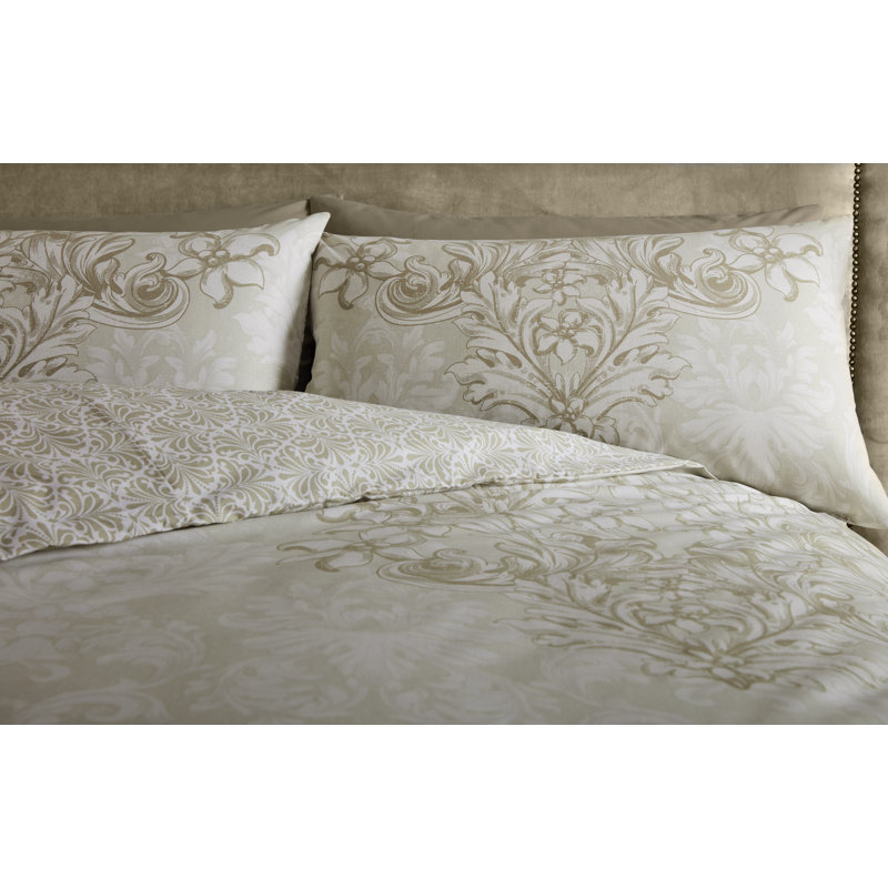 Cotton Blend Damask Duvet Cover Set with Pillowcases, Natural, Double Duvet Cover - 2 Standard Pillowcases