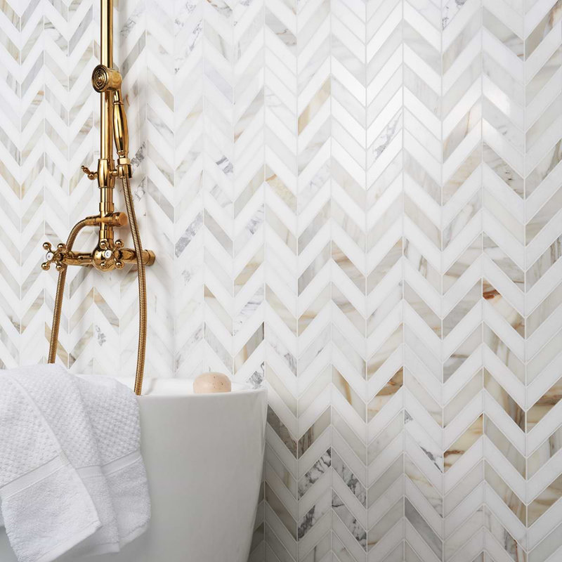 Talon 1x4 Chevron Polished Marble Mosaic Tile, Calacatta/Thassos