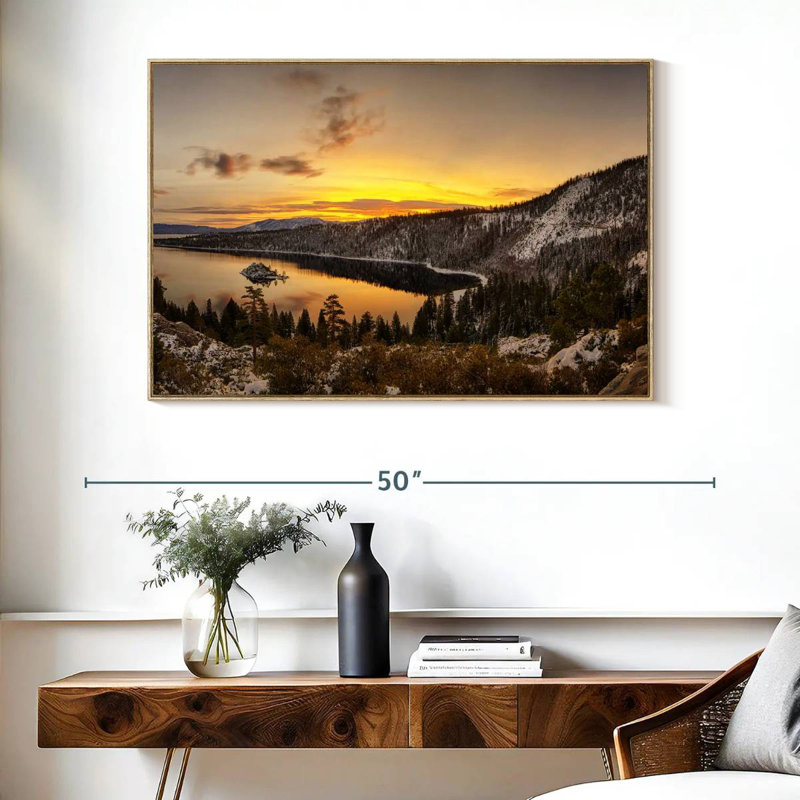 Lever du soleil sur le lac Tahoe, Cadre flottant en bois naturel, 40 po x 27 po