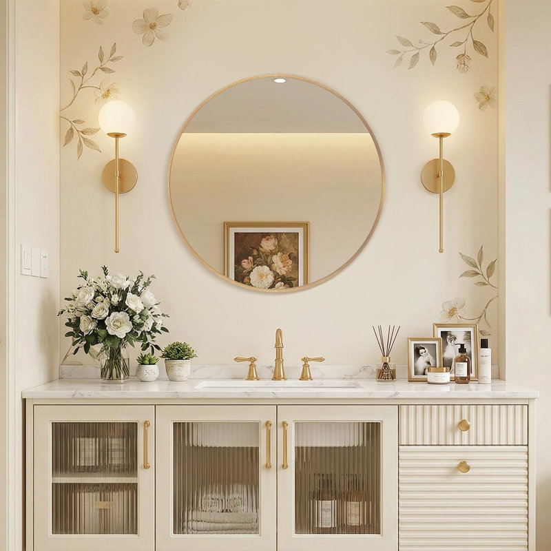Metal Round Wall Mirror, Gold, 24" x 24"
