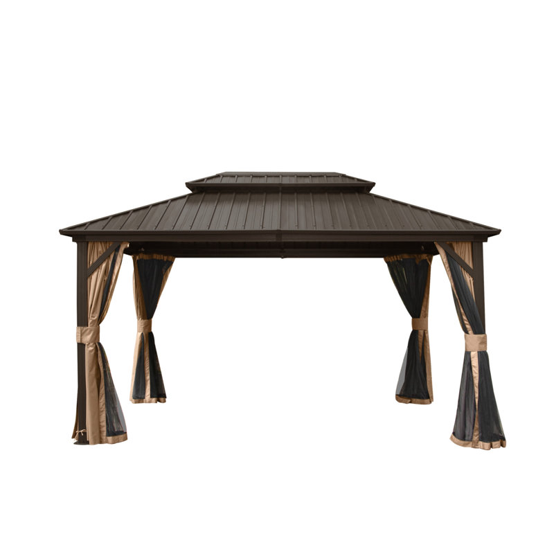 10' x 10' Brown Aluminum Patio Gazebo with Curtains and Netting
