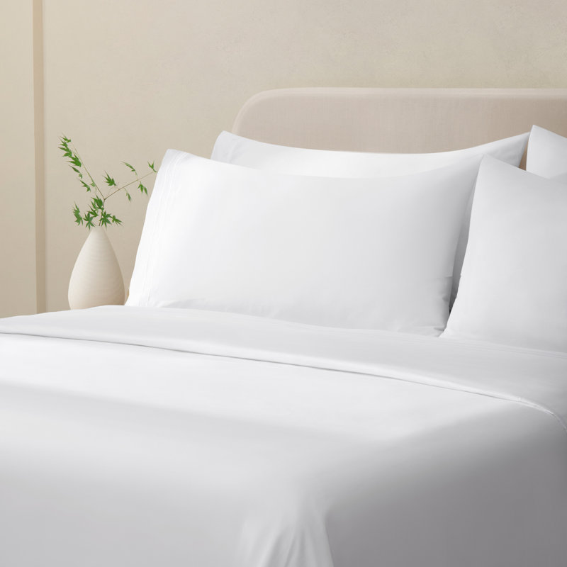 Draps 100% coton pour grand lit, literie de luxe à densité de tissage 300 fils, extra doux, draps rafraîchissants, poche profonde jusqu'à 15 po, draps doubles en satin à broderie 4 pièces (grand, blanc)