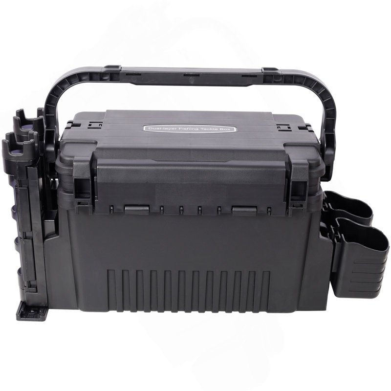 Dual-Layer Fishing Tackle Box,Tackle Box Organizer Fishing Box Large,With 2Pcs Rod Holder,2Pcs Cup Holder,1Pc Carring Strap,Black