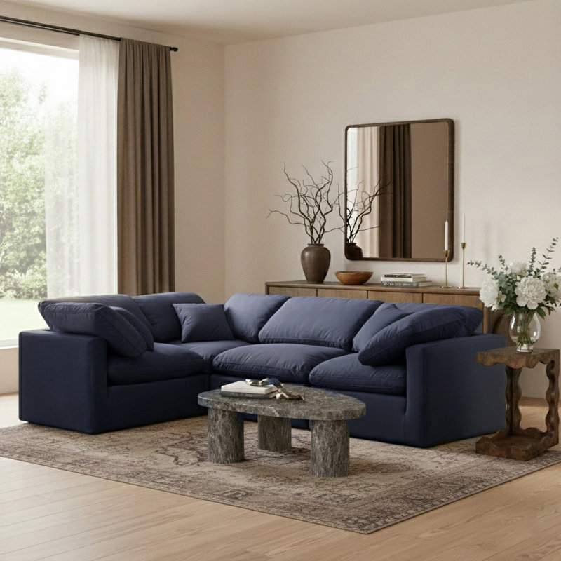 Itala Velvet L-Shaped Sectional Reversible, Navy Velvet