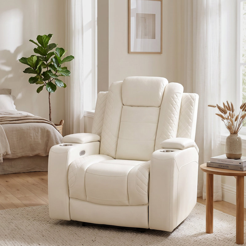 Fauteuil inclinable électrique en similicuir blanc avec port USB et porte-gobelets de rangement pour bras gauche et lumière DEL