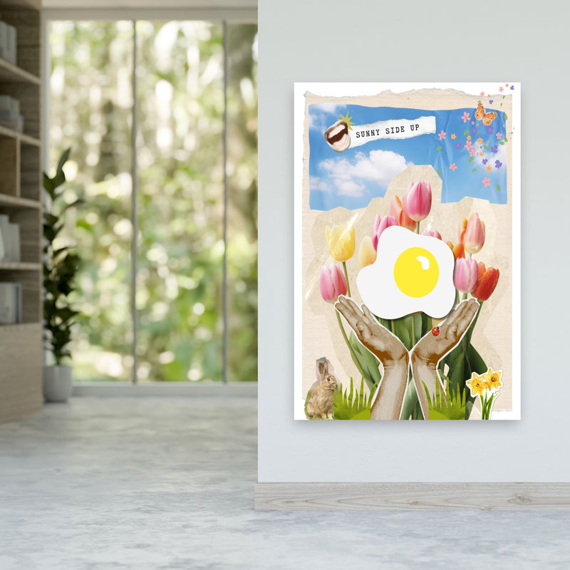 «Sunny Side Up Spring», impression colorée, fantaisiste, papillon, coccinelle, jonquille, printemps, art mural, 60" H x 40" W