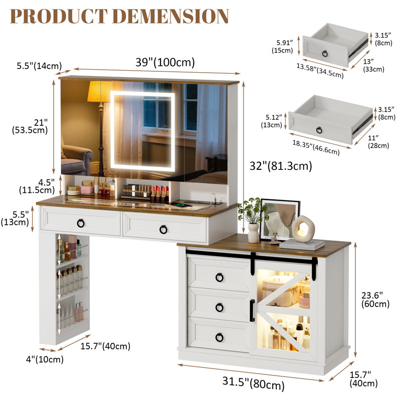 39" Oversized Makeup Mirror Vanity Table - Large Storage Side Cabinet With Tri-Color LED Smart Power Outlet, White/Brown