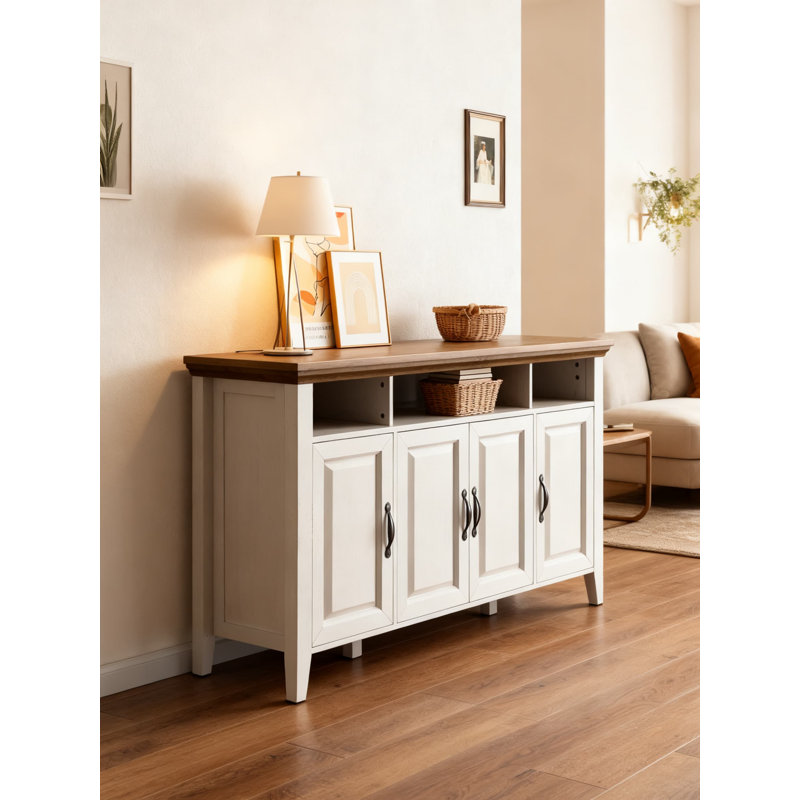 Buffet Farmhouse avec rangement, table de cuisine 55 pouces avec 4 portes, finition en bois rustique pour les meubles de salle à manger