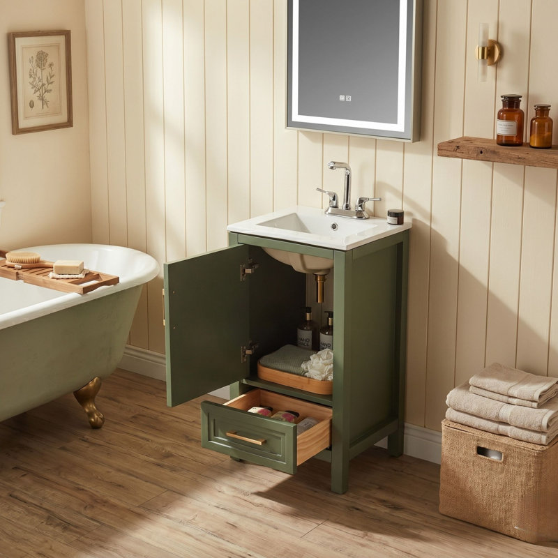 Meuble-lavabo autoportant 18 po avec lavabo simple en céramique intégré, vert olive, Sage Green