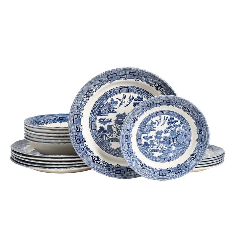 China Town 18 Piece Stoneware Dinnerware Set, Blue/White/Grey