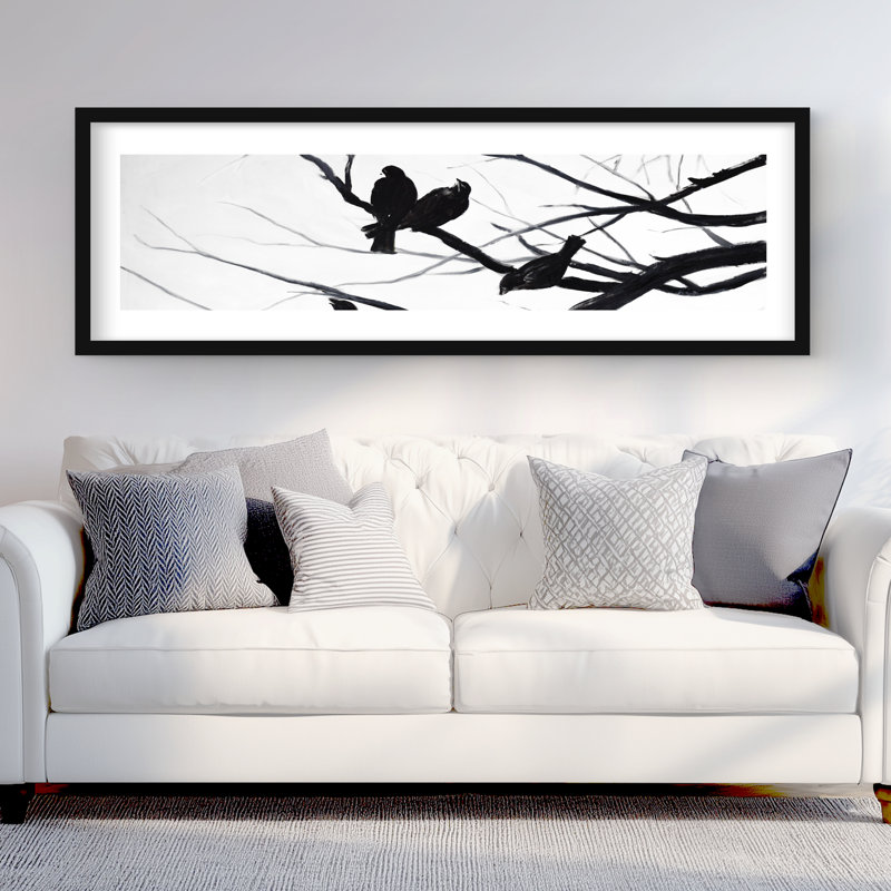Silhouette d'oiseaux et de branches - impression encadrée noire