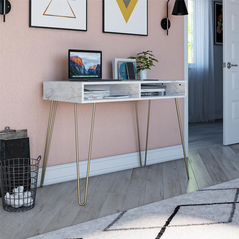 Figy Metal Base Writing Desk, White Marble, White