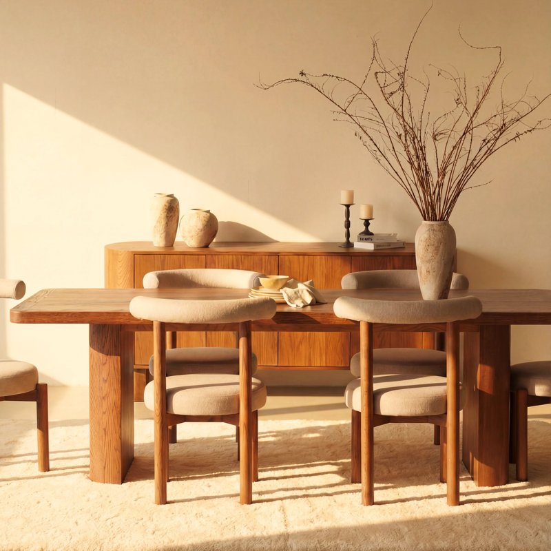 Table de salle à manger Ovelo 96 po en chêne avec double pied central, grande table de cuisine moderne en bois - Brun, Brun