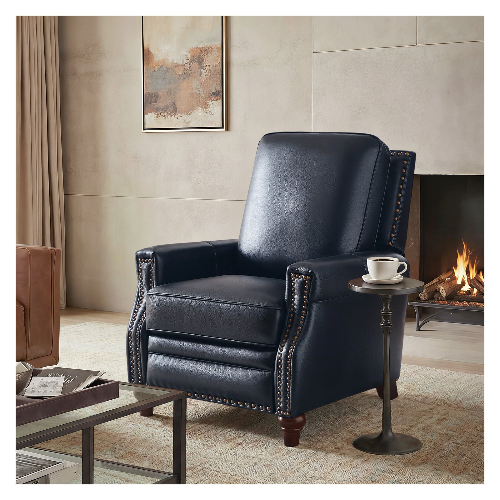 Andrena Genuine Leather Recliner with Nailhead Trim, Genuine Leather Navy