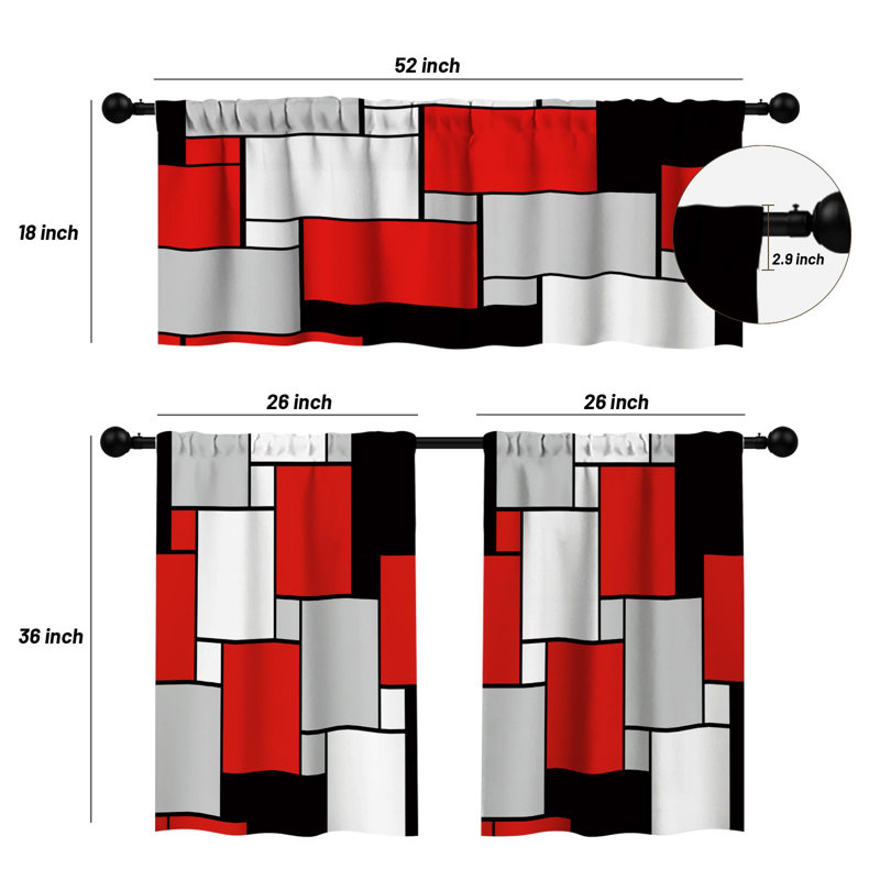 52'' W Rod Pocket Kitchen Curtain Valance and Tiers Set, Red