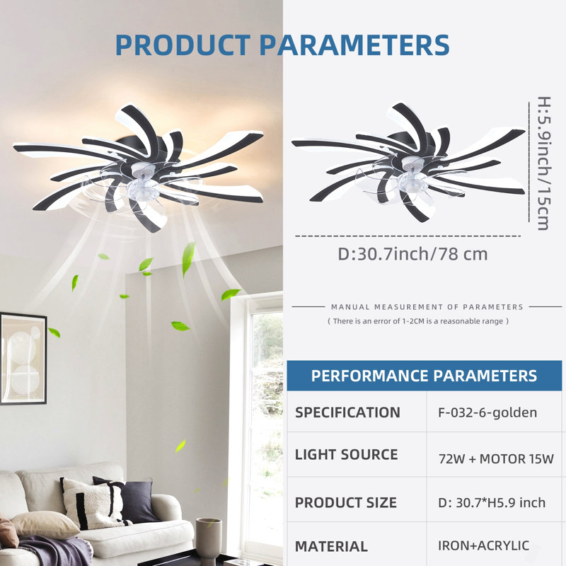30.7In Ceiling Fan With Lights, Remote Control 3 Color Temperatures,6 Gear Wind Speed Fan Light, Black