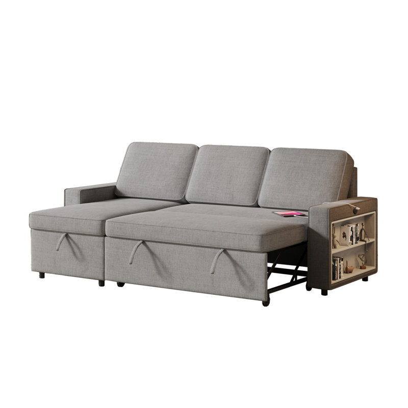 Lulla 85.11" Pull Out Sleeper L-Shaped Sofa with Storage Chaise, Dark Grey