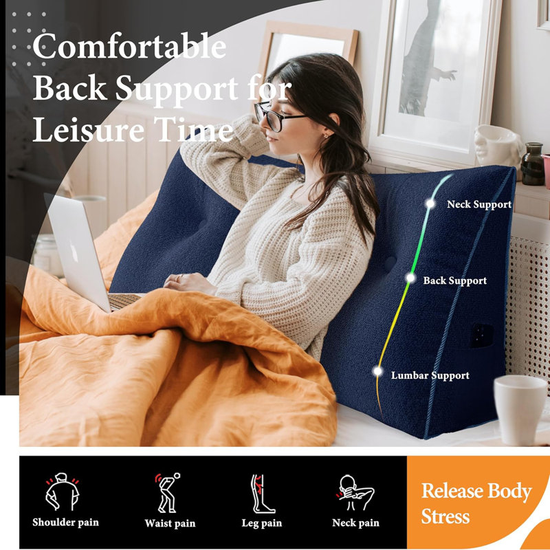 Soft Triangular Bed Backrest Headboard Wedge Reading Pillow, Navy, 20"H x 76"W, Solid Color