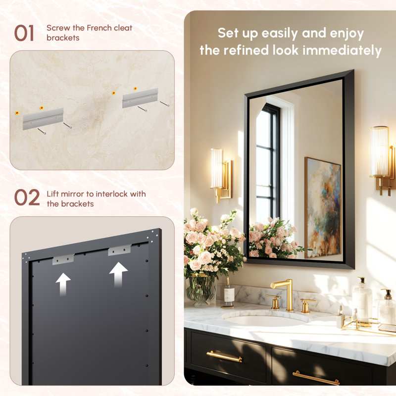30X40" Floating Modern Bathroom Mirror, Beveled Aluminum Frame Wall Mirror For Vanity, Anti-Rust Hd Copper-Free Silver Mirror, Vertical/Horizontal Easy Installation, Brushed Black