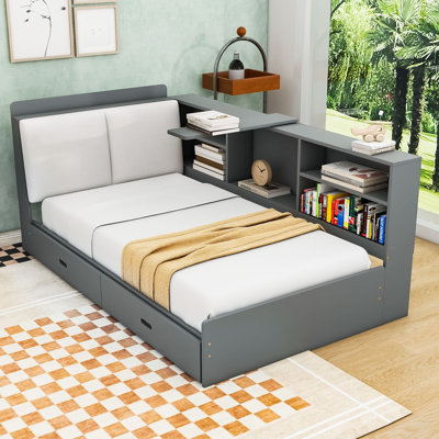 2 Drawers Wood Twin Platform Bed with Storage Headboard, Rotatable Shelf and Upholstered Panel