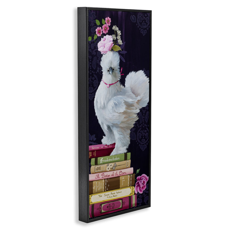 «Fancy Vintage Chicken» avec livres, estampe numérique, design par Heather, H 30 po x l 13 po, Giclée encadrée noir minuit