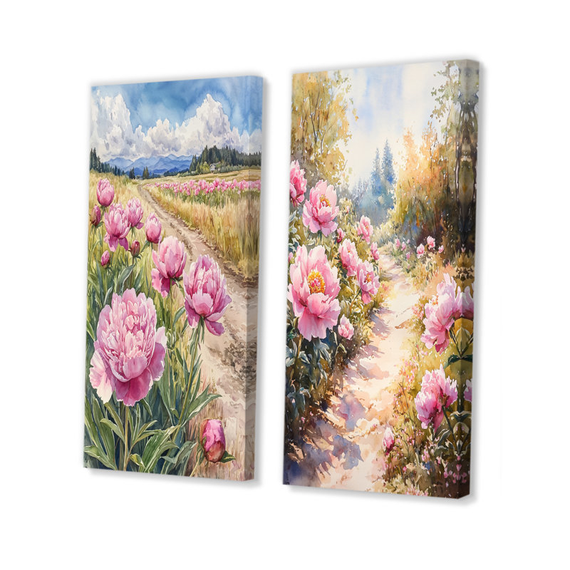 Pivoines le long du chemin de terre I - Collection d'art mural floral 2 panneaux, H 28 po x l 25 po, Toile tendue
