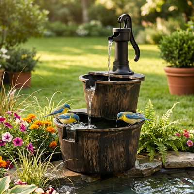 2-Tier Barrel Waterfall Fountain, 27" Outdoor Water Fountain with Electric Pump for Garden Patio Deck Backyard