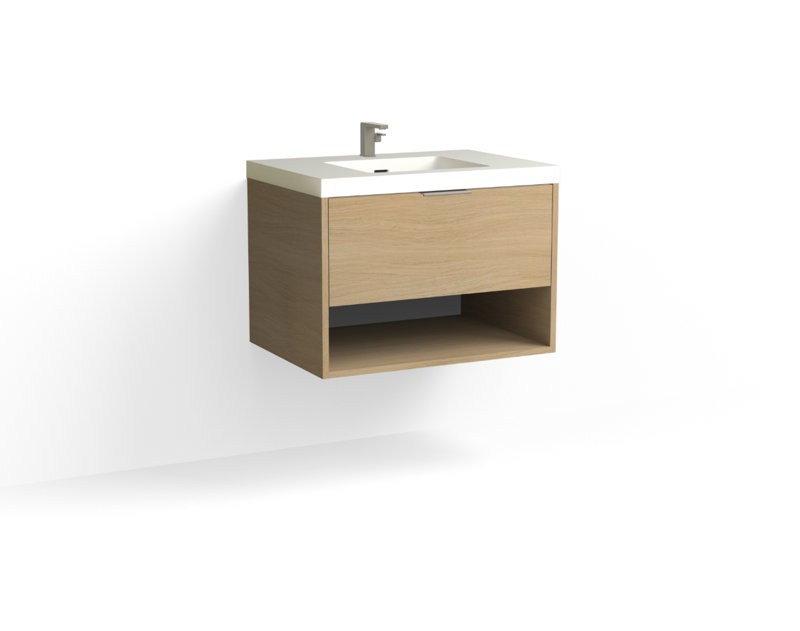 Modo 30" W Wall Mounted Single Bathroom Vanity, Glossy White/8" Widespread, Biondo, Polished Nickel
